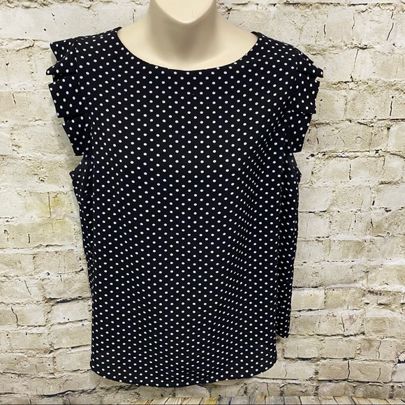 Monteau Tops - Monteau Black White Polka Dot Ruffle Sleeve Top
